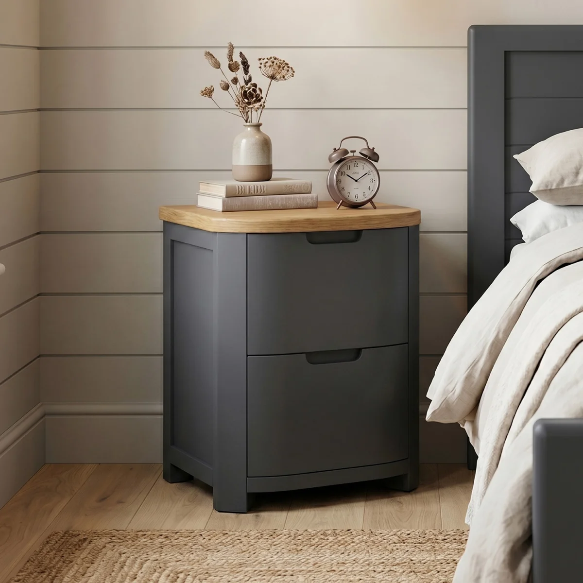 Bradwell Oak and Charcoal Painted 2 Drawer Bedside Chest – image 1