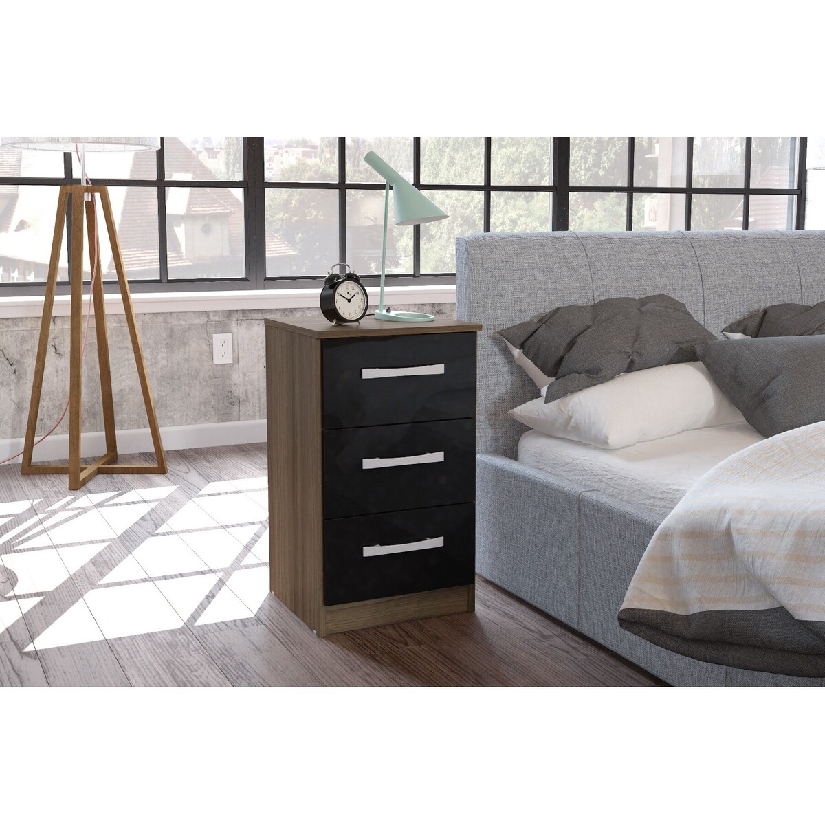 Adalee 3 Drawer Walnut & Black Bedside Table – image 2
