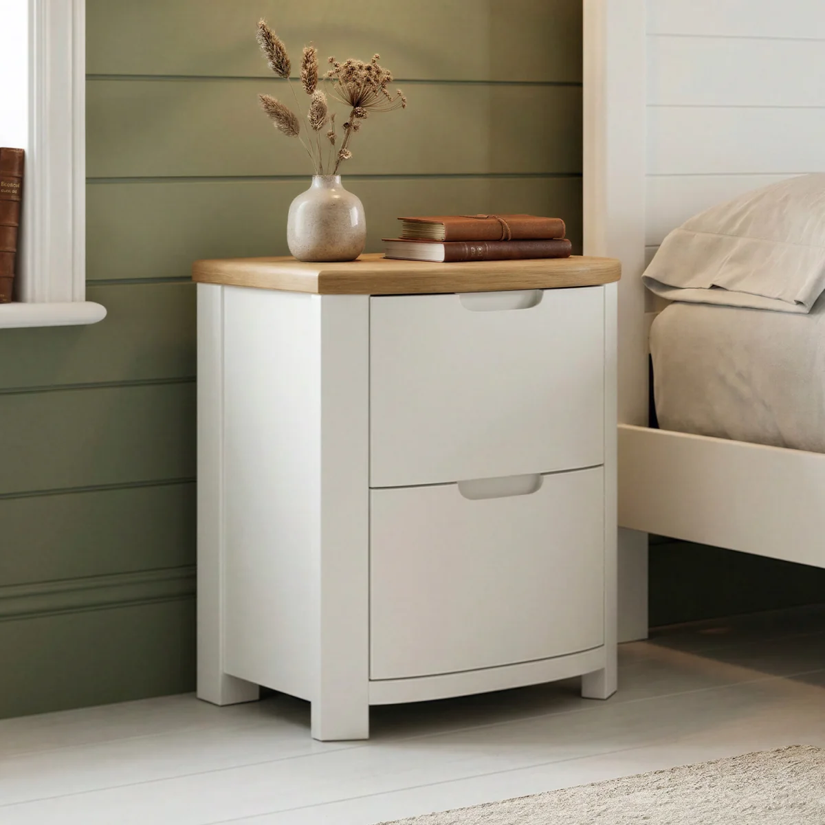 Bradwell Oak and Signal White Painted 2 Drawer Bedside Chest – image 2