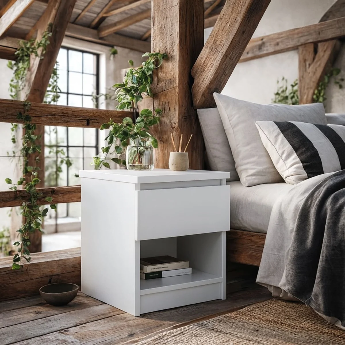 Budapest Bedside Table - High-Gloss White, 1 Drawer and 1 Shelf - White – image 1
