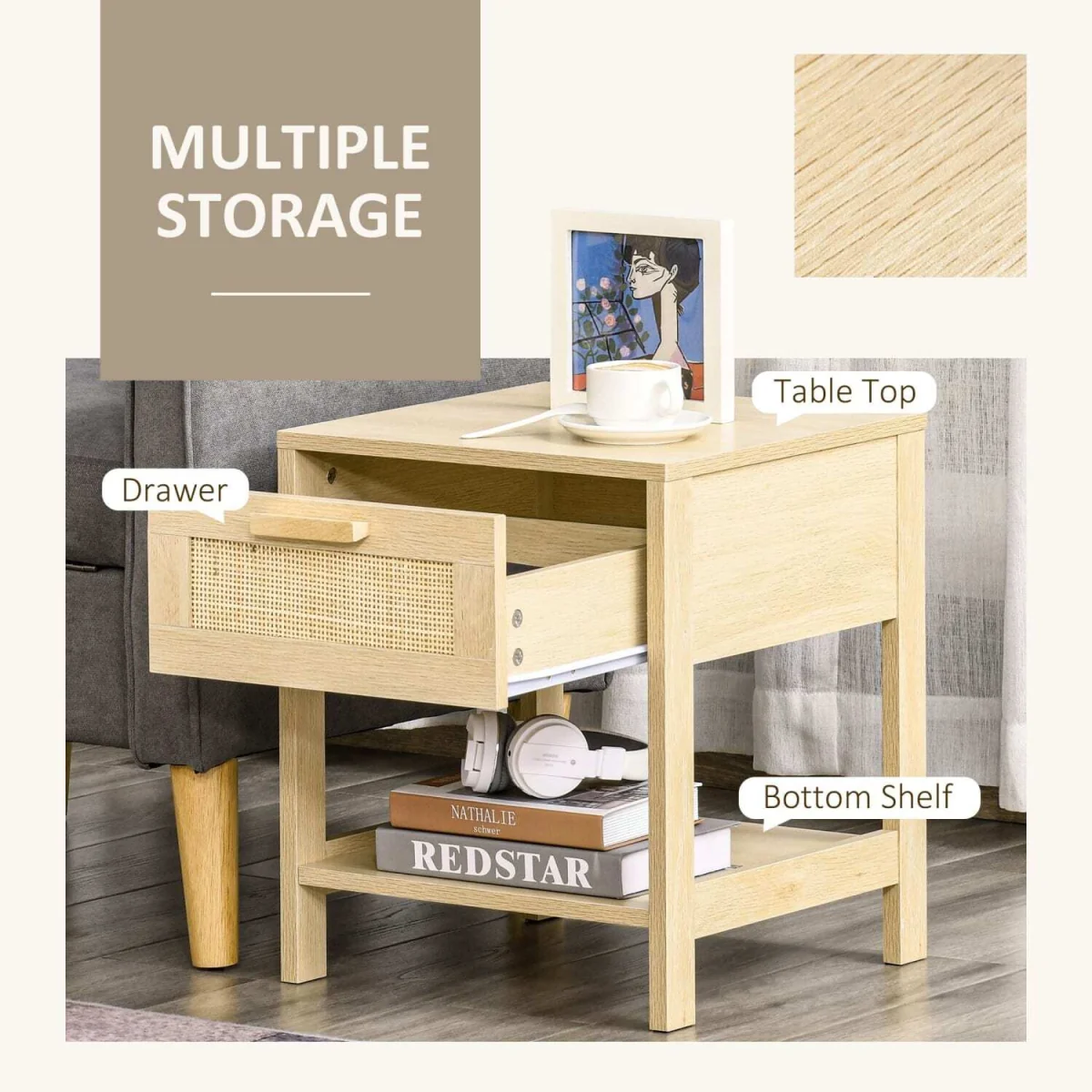 Dilamo Set of 2 Farmhouse Bedside Tables with Rattan Drawer and Open Shelf – image 4