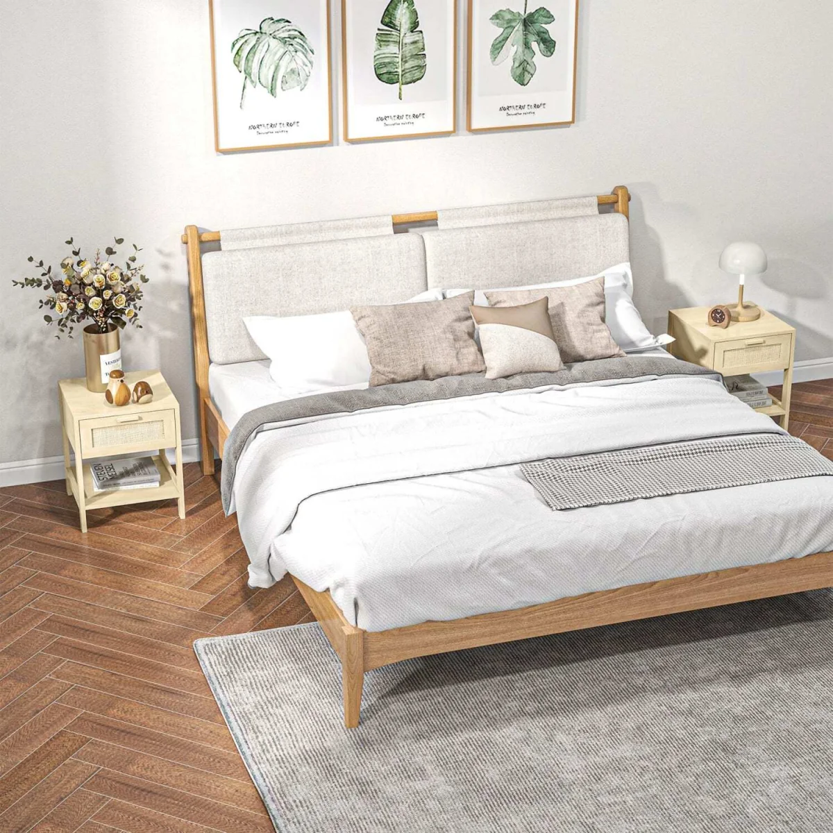 Dilamo Set of 2 Farmhouse Bedside Tables with Rattan Drawer and Open Shelf – image 8
