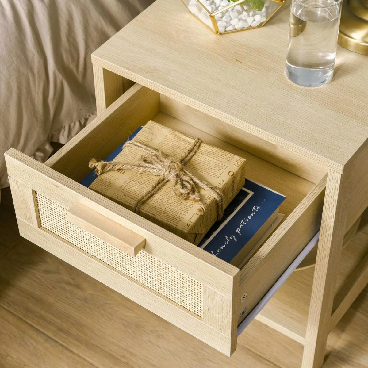 Dilamo Set of 2 Farmhouse Bedside Tables with Rattan Drawer and Open Shelf – image 9
