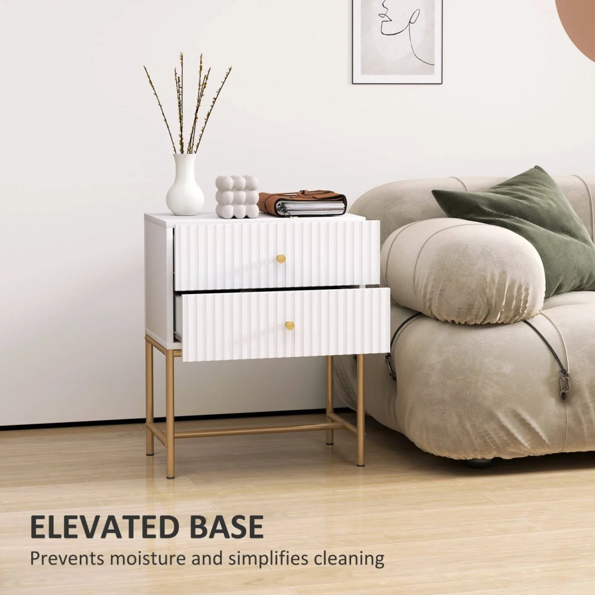 Lelu Rata White and Gold 2-Drawer Ribbed Bedside Table – image 2