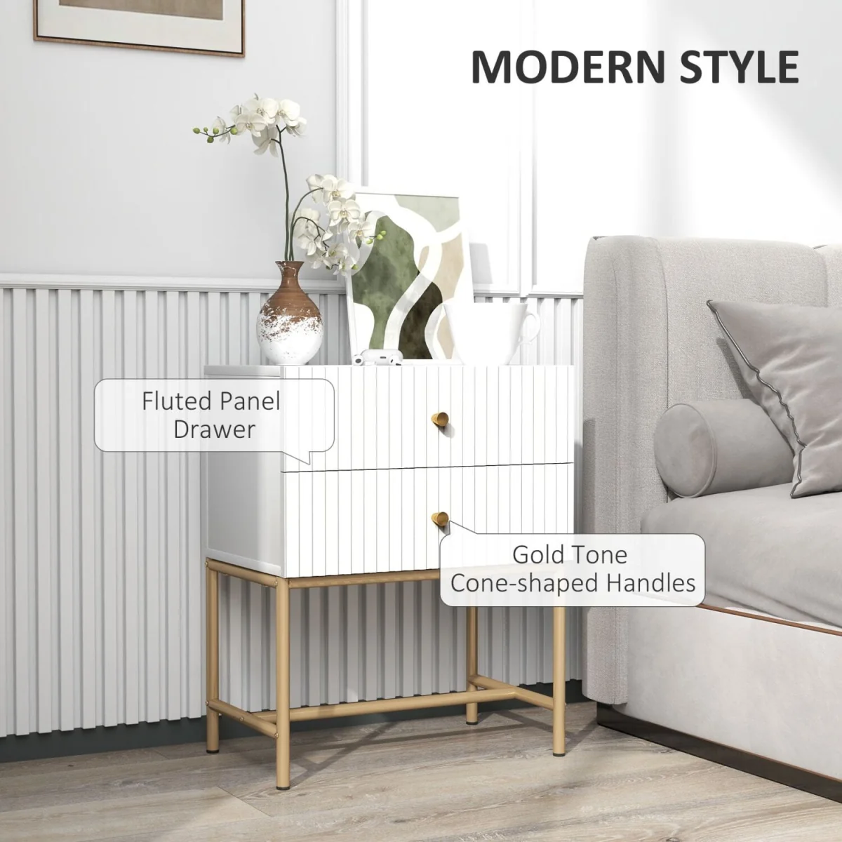 Lelu Rata White and Gold 2-Drawer Ribbed Bedside Table – image 5