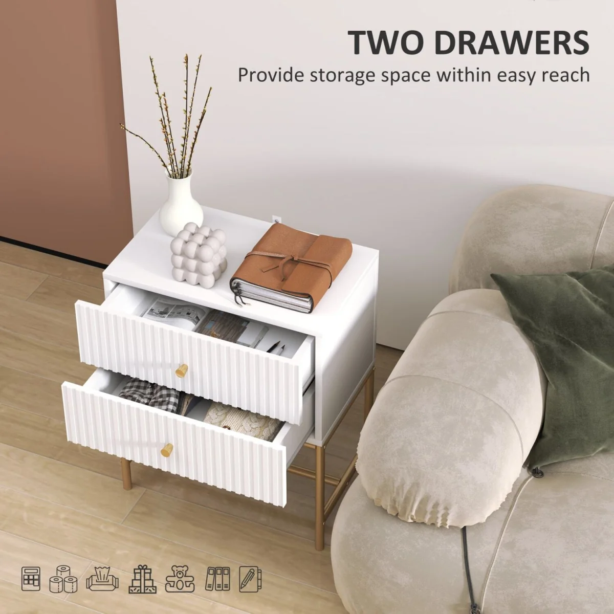 Lelu Rata White and Gold 2-Drawer Ribbed Bedside Table – image 6