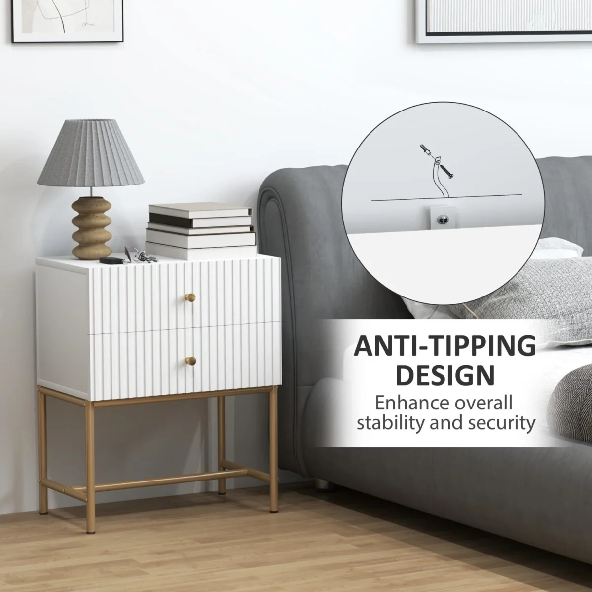 Lelu Rata White and Gold 2-Drawer Ribbed Bedside Table – image 8