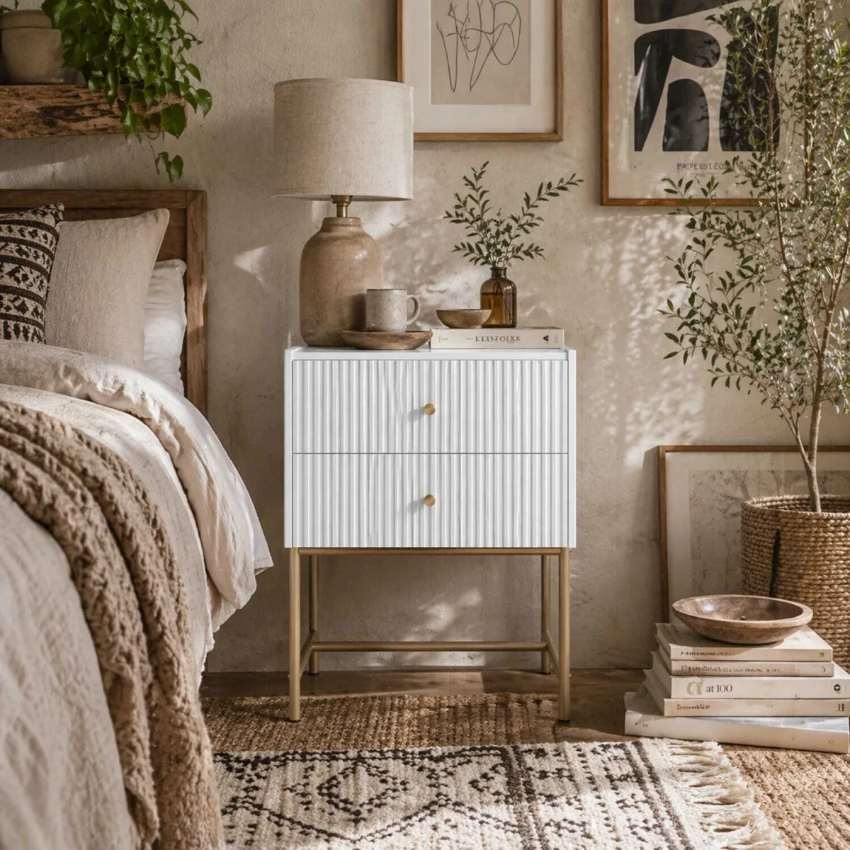 Lelu Rata White and Gold 2-Drawer Ribbed Bedside Table – image 1