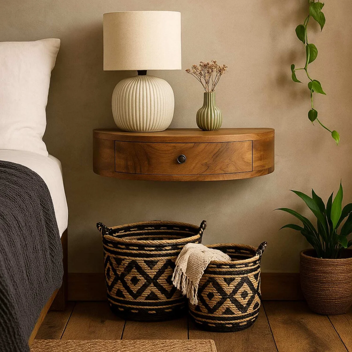 Bardolino Wall-Mounted Half-Moon Bedside Table with Drawer - Brown – image 1
