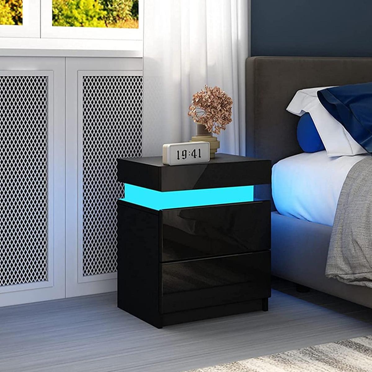 LED Light Bedside Table Front High Gloss Chest of 2 Drawers-Black - Black – image 5