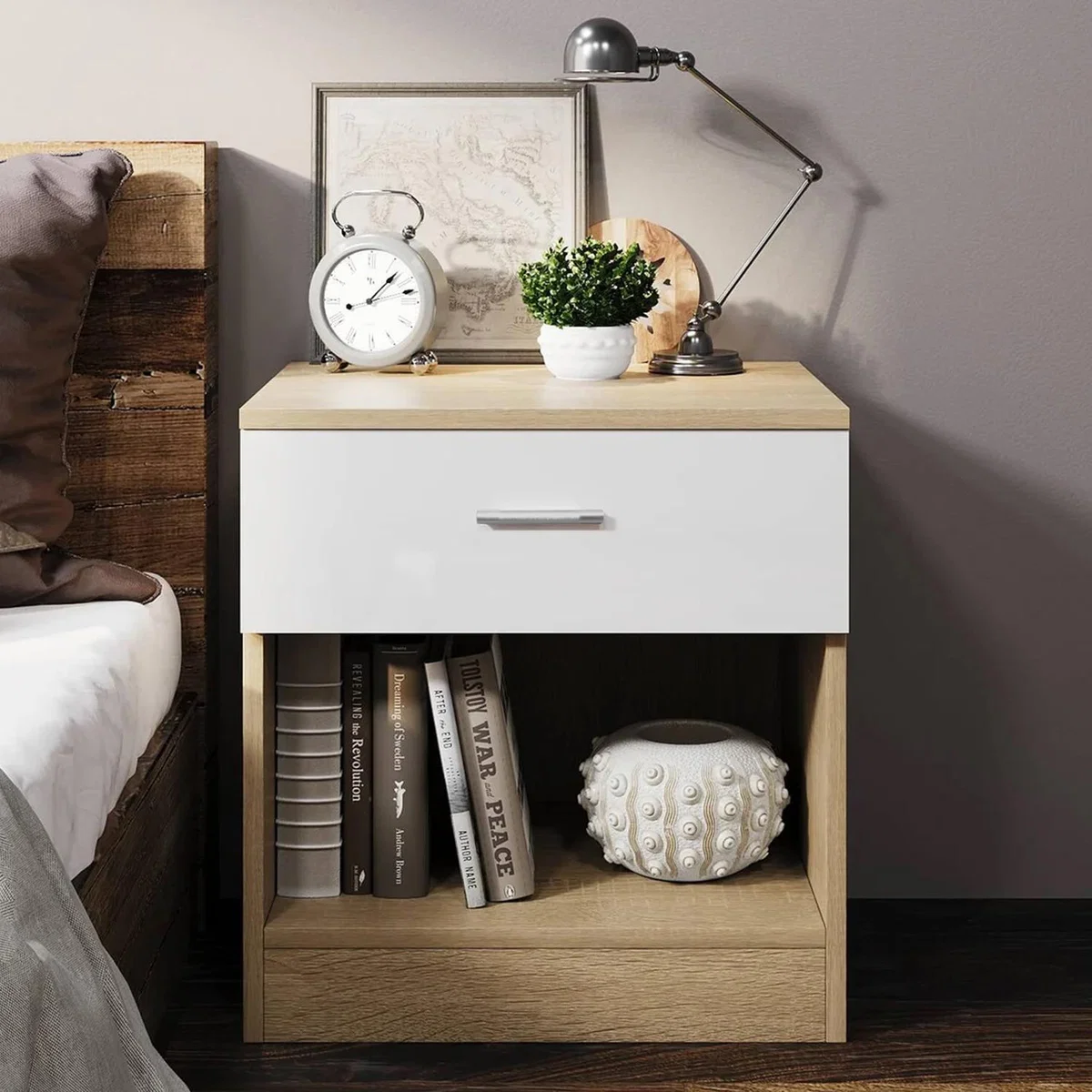 Modern High Gloss Bedside Table with Drawer and Open Shelf - Oak