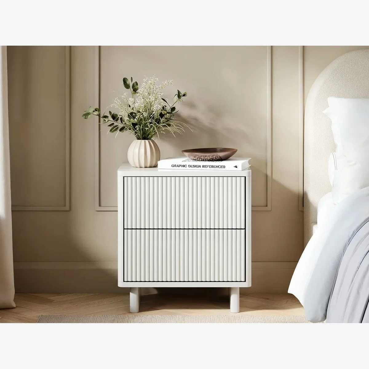 Velmor 2 Drawer Ribbed Bedside Table - White