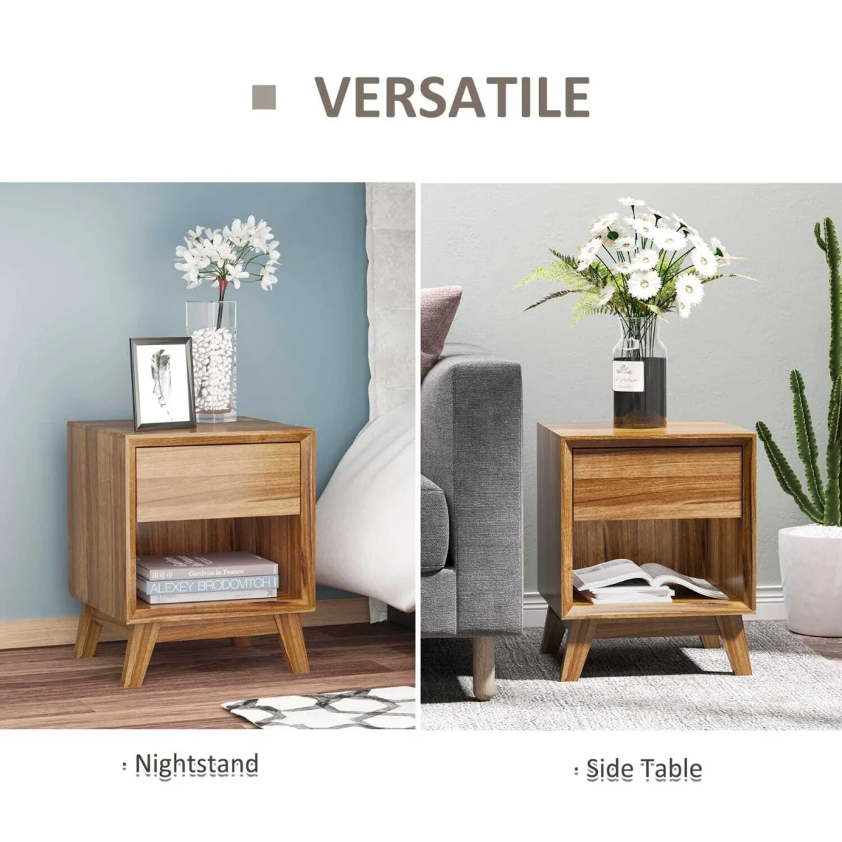 Novafa Walnut Brown Bedside Table with Drawer and Shelf Storage – image 4