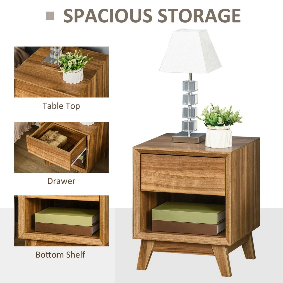 Novafa Walnut Brown Bedside Table with Drawer and Shelf Storage – image 5