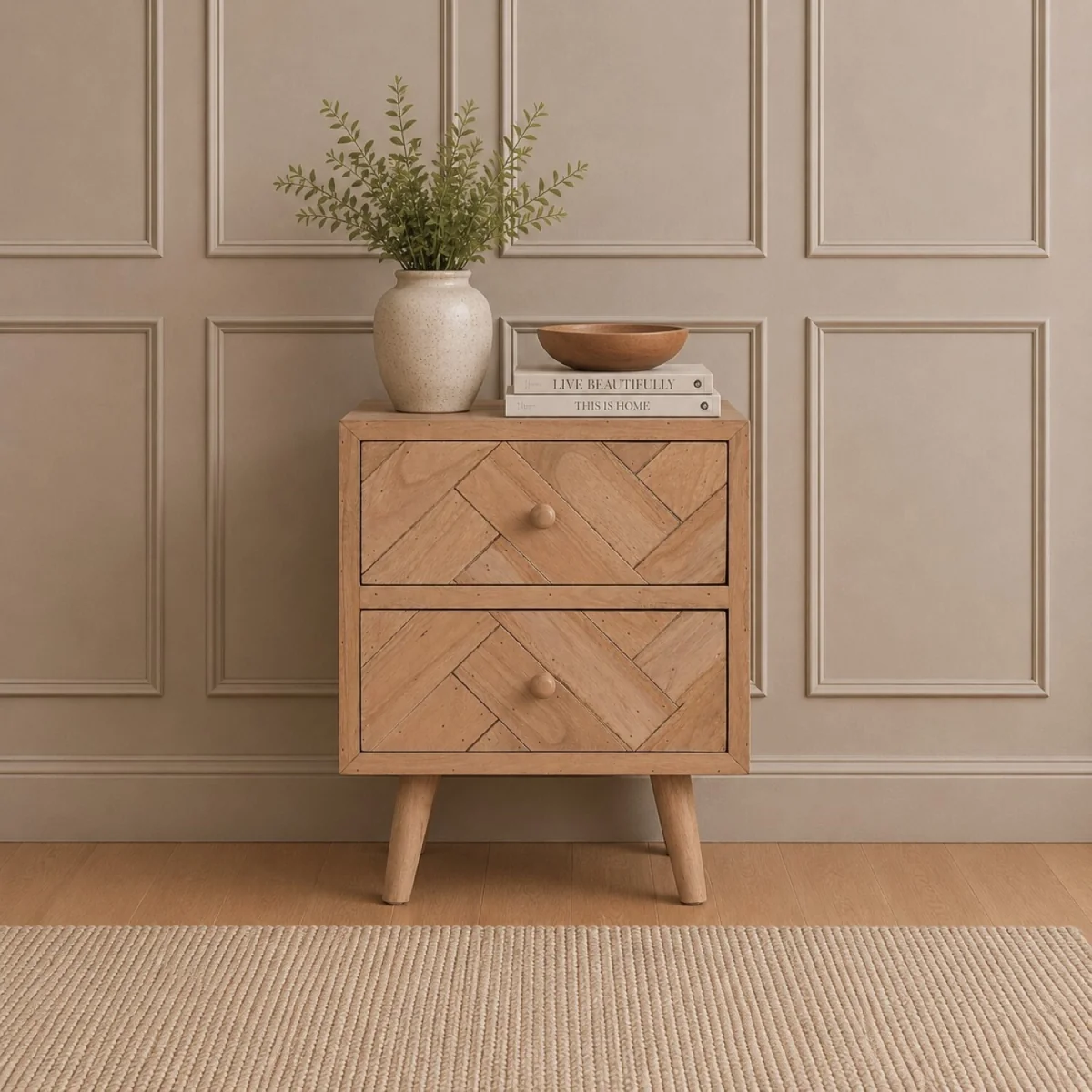 Solid Mango Wood Bedside Table with 2 Drawers Wooden Nightstand Cabinet No Veneer Rustic Side Table - Neutral – image 1