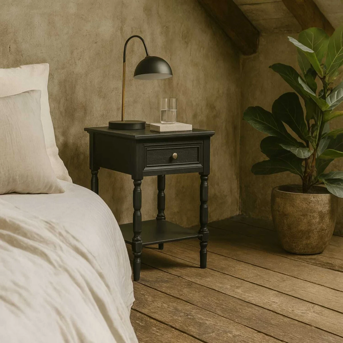San Antonio Vintage Wooden Nightstand with Drawer and Shelf - Black – image 1