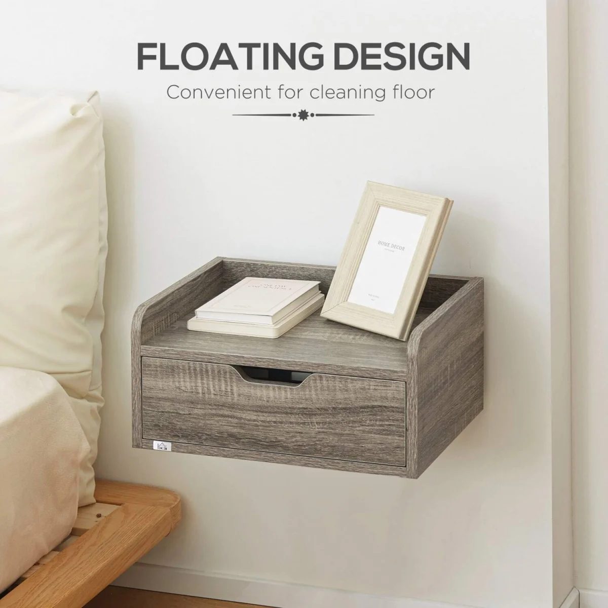 Rereno Set of 2 Grey Wood Floating Nightstands With Drawer Wall Mounted – image 2