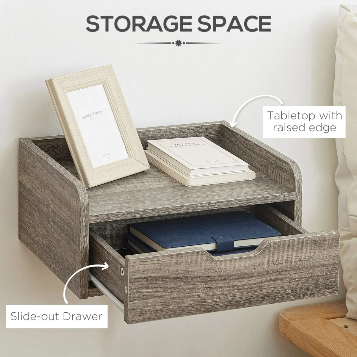 Rereno Set of 2 Grey Wood Floating Nightstands With Drawer Wall Mounted – image 5