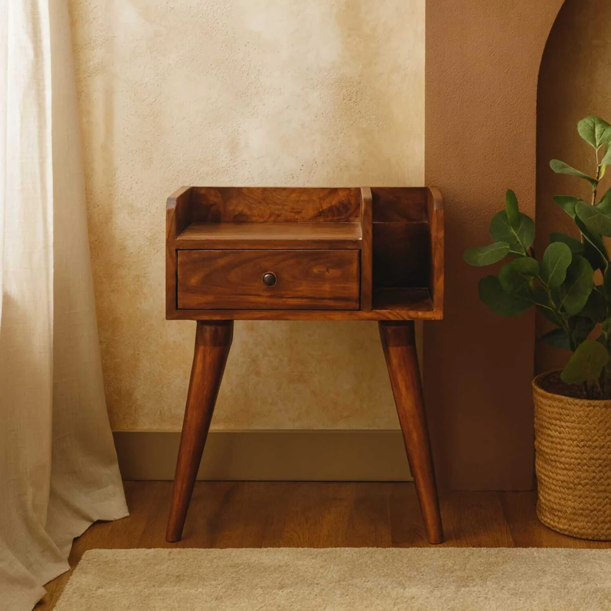 Giverny Chestnut Mango Wood Bedside Table with Drawer and Open Shelf - Brown – image 1