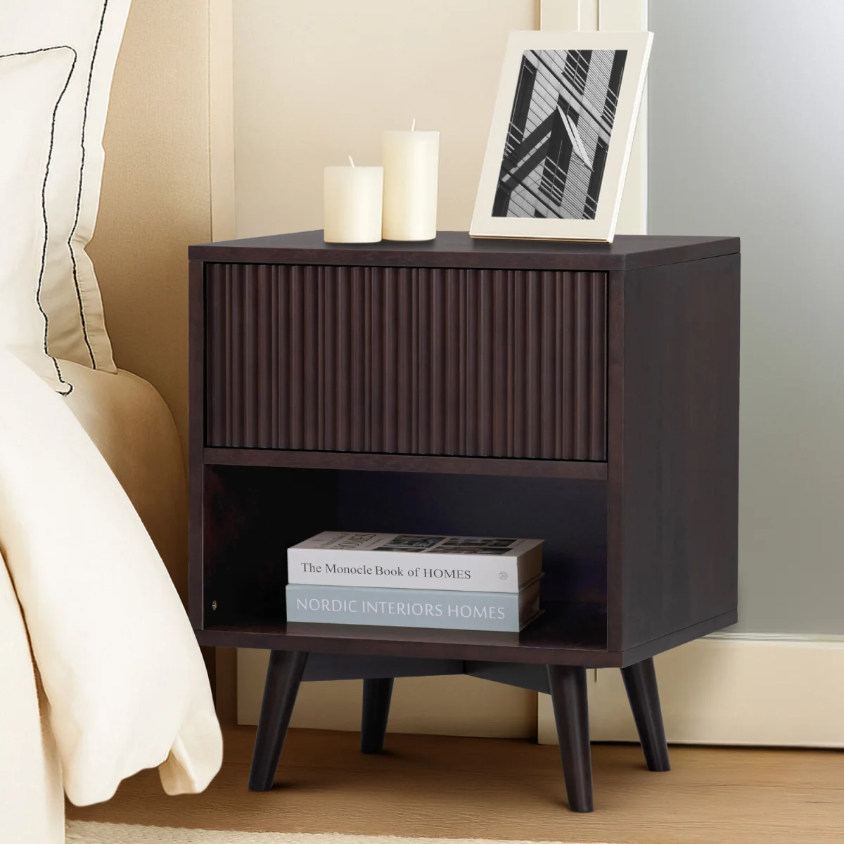 Tremolo Bedside Table with Drawer and Open Shelf, Black - Black – image 3