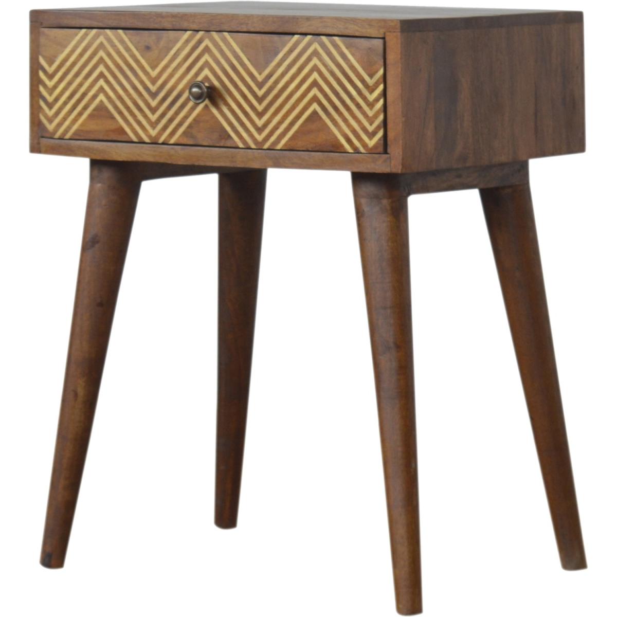 Brass Inlay Chevron Mango Wood Bedside Table With Drawer - Brown – image 2