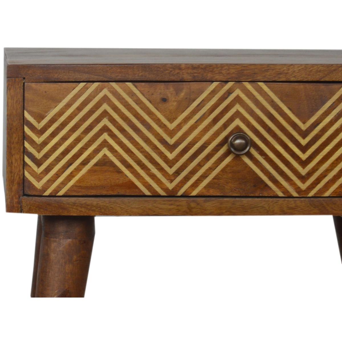 Brass Inlay Chevron Mango Wood Bedside Table With Drawer - Brown – image 3