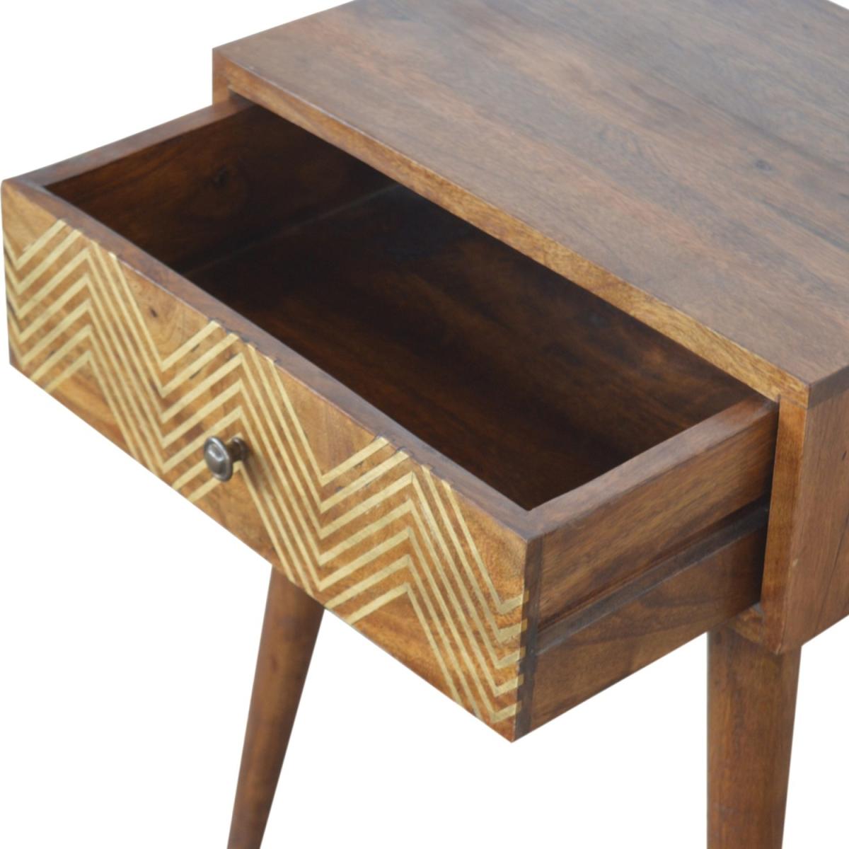 Brass Inlay Chevron Mango Wood Bedside Table With Drawer - Brown – image 4
