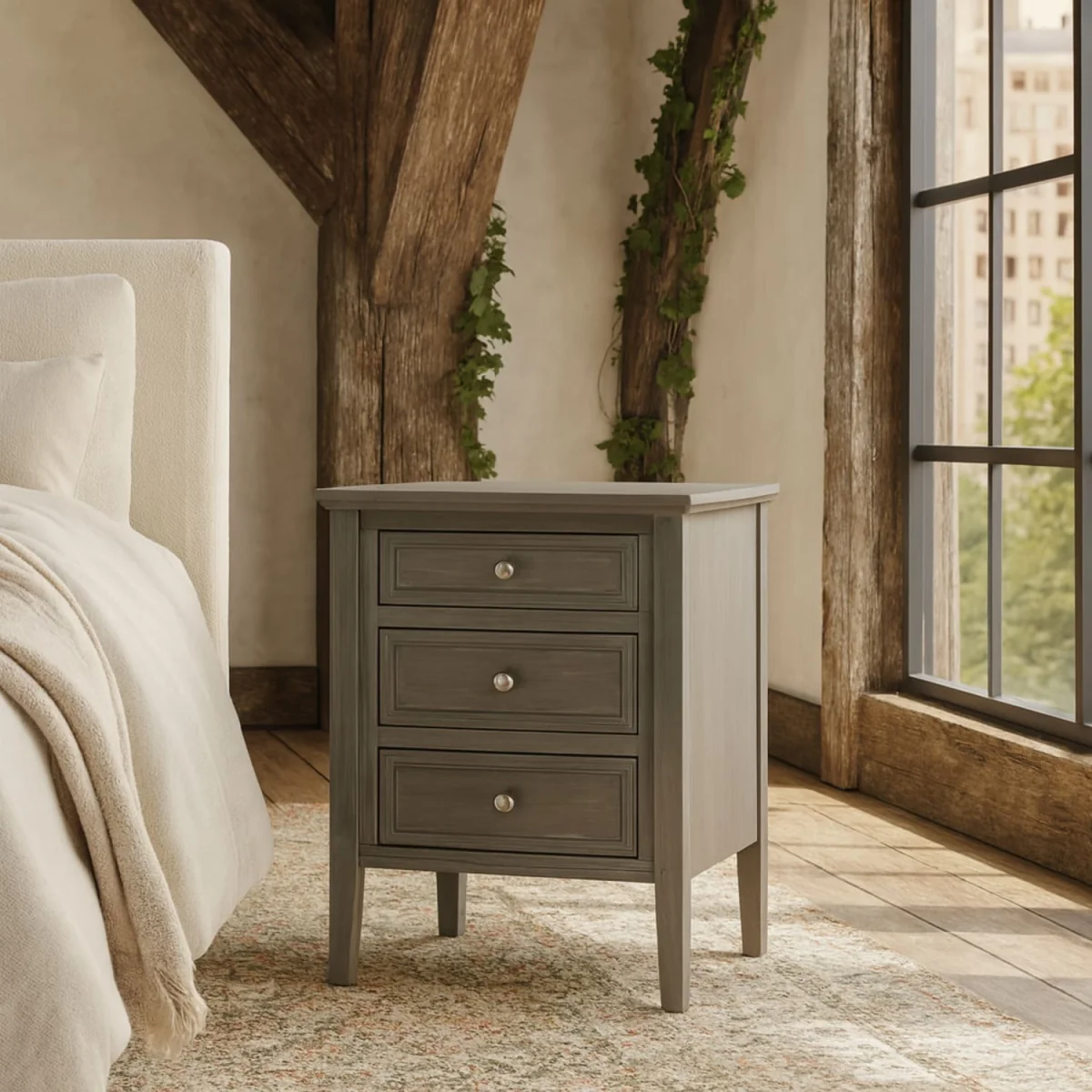 Wyld Haus Laurelbrook 3-Drawer Grey Wooden Bedside Table - Grey – image 1