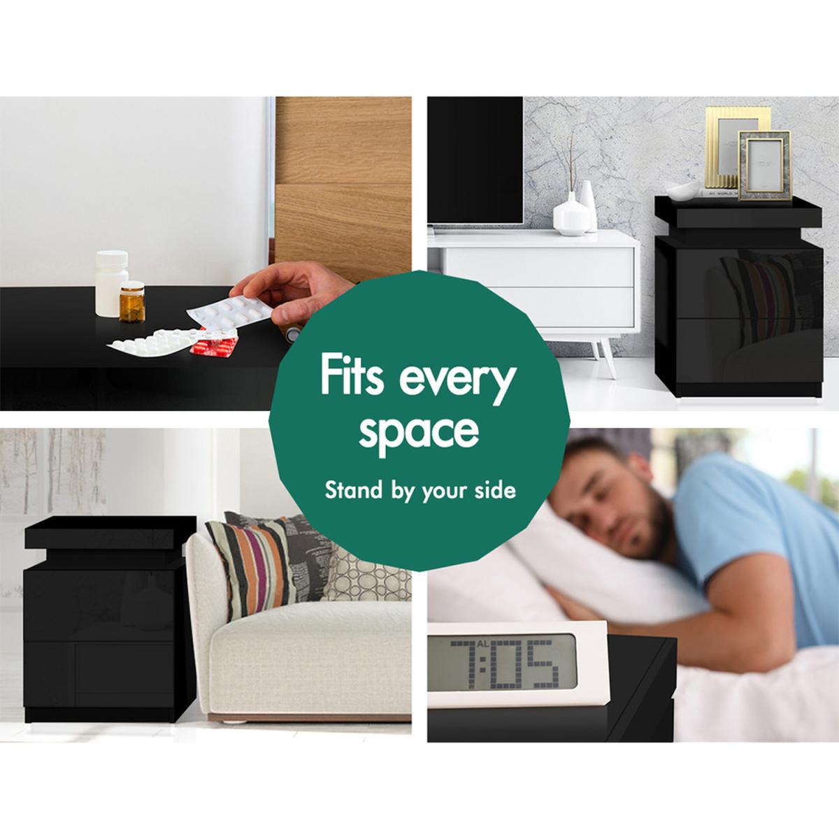 RGB LED High Gloss 2 Drawer Bedside Table - Black – image 6
