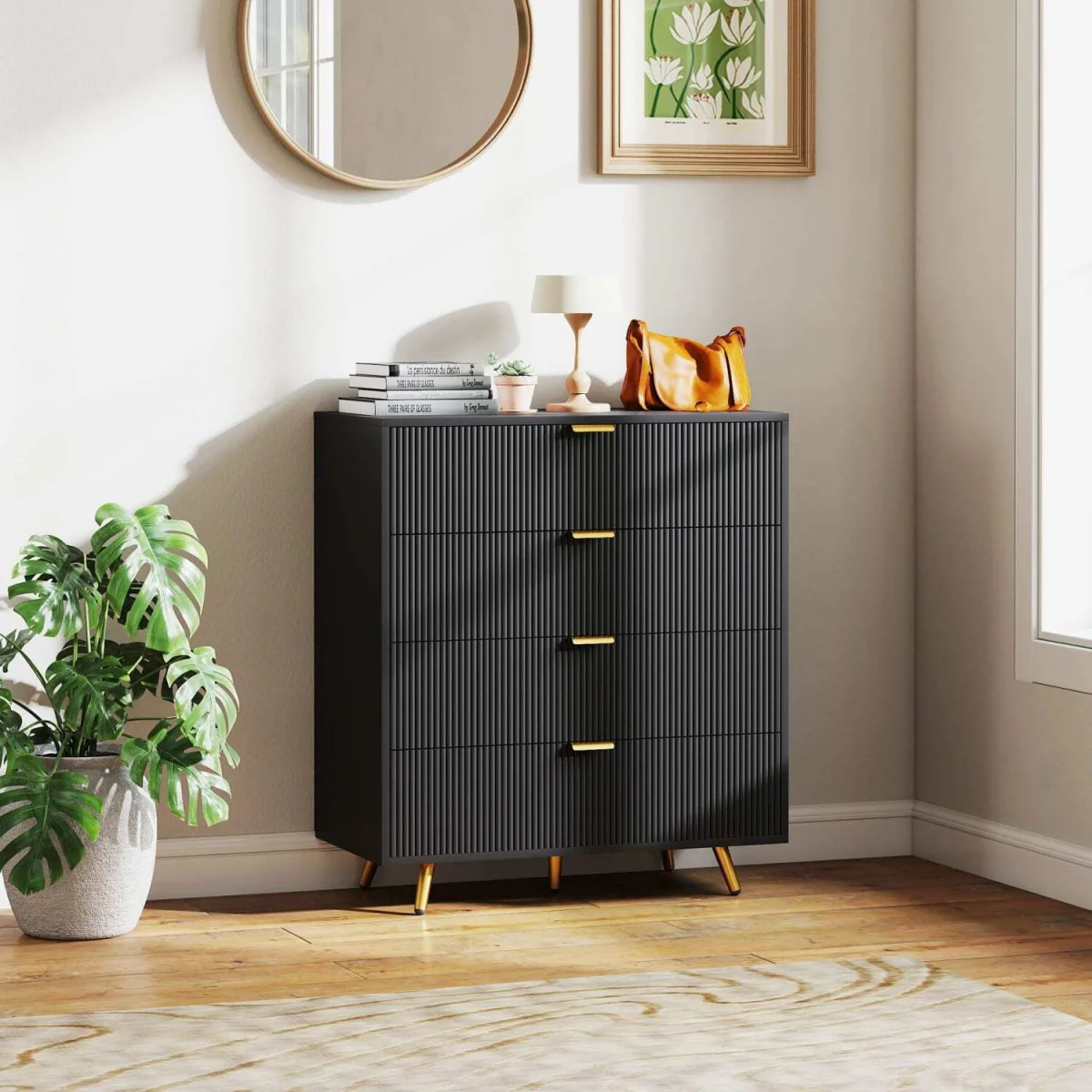 Disu Wooden Black 4-Drawer Bedside Storage Table – image 4