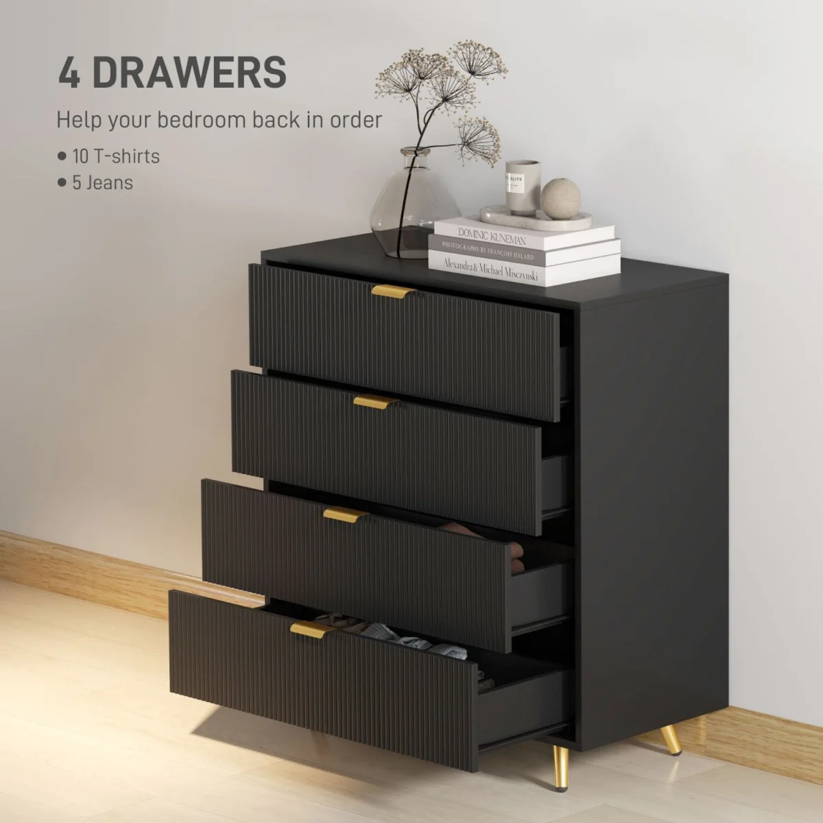 Disu Wooden Black 4-Drawer Bedside Storage Table – image 6