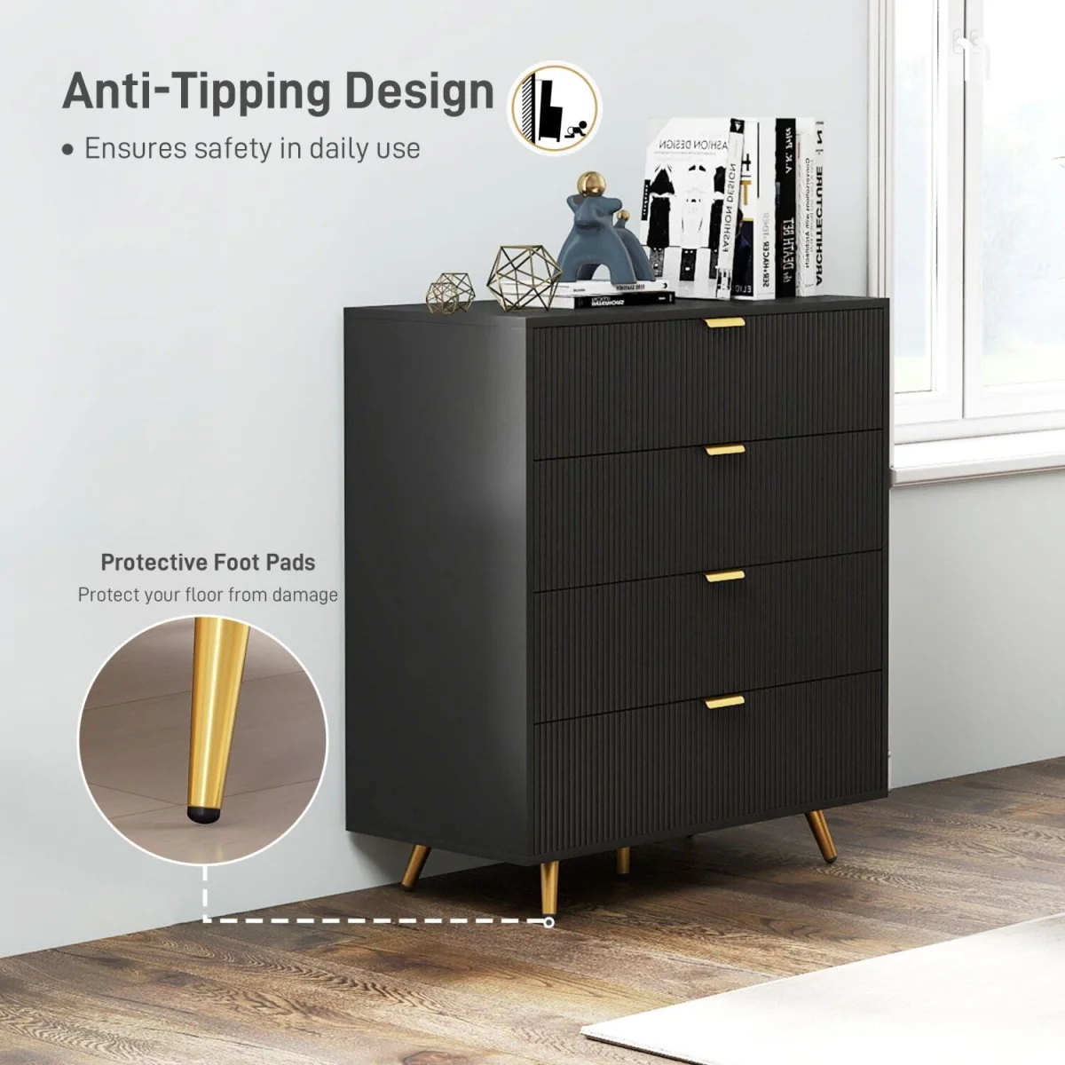 Disu Wooden Black 4-Drawer Bedside Storage Table – image 8