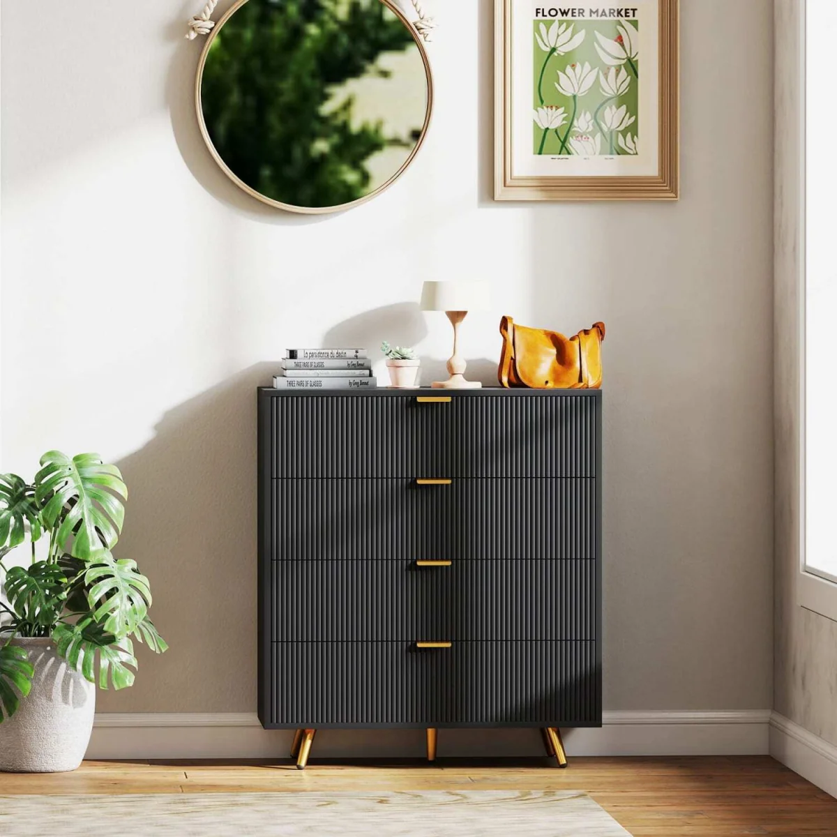 Disu Wooden Black 4-Drawer Bedside Storage Table – image 9