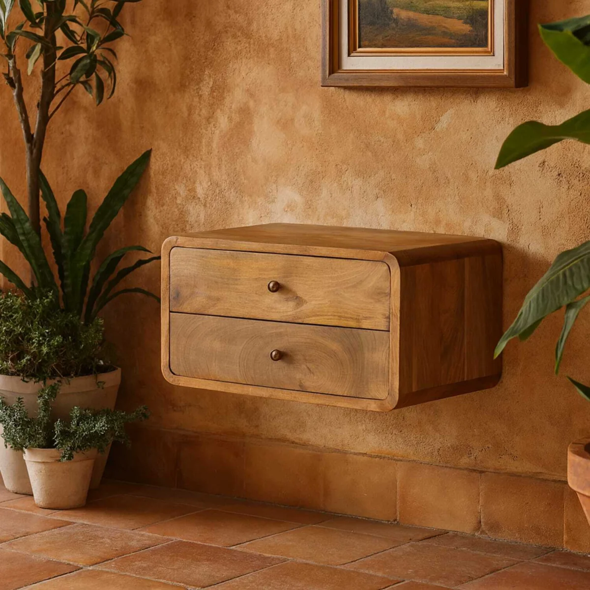 Gradara Floating Bedside Table 2 Drawers Solid Mango Wood Natural Finish - Brown – image 1