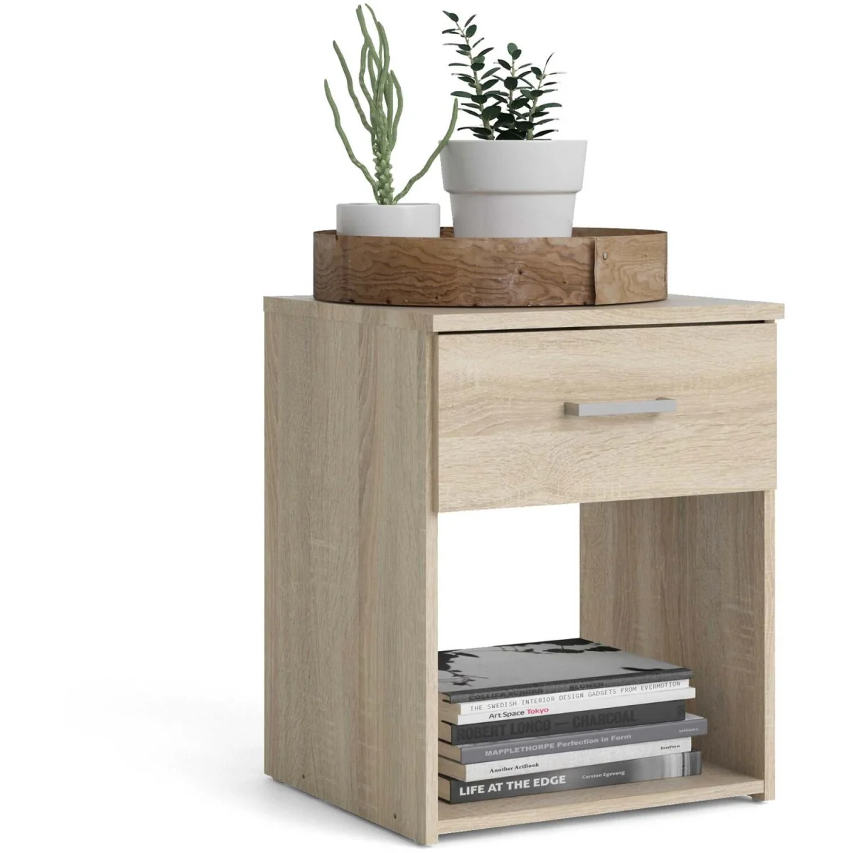 Berlin Oak Effect 1-Drawer Bedside Table with Open Shelf - Neutral – image 2