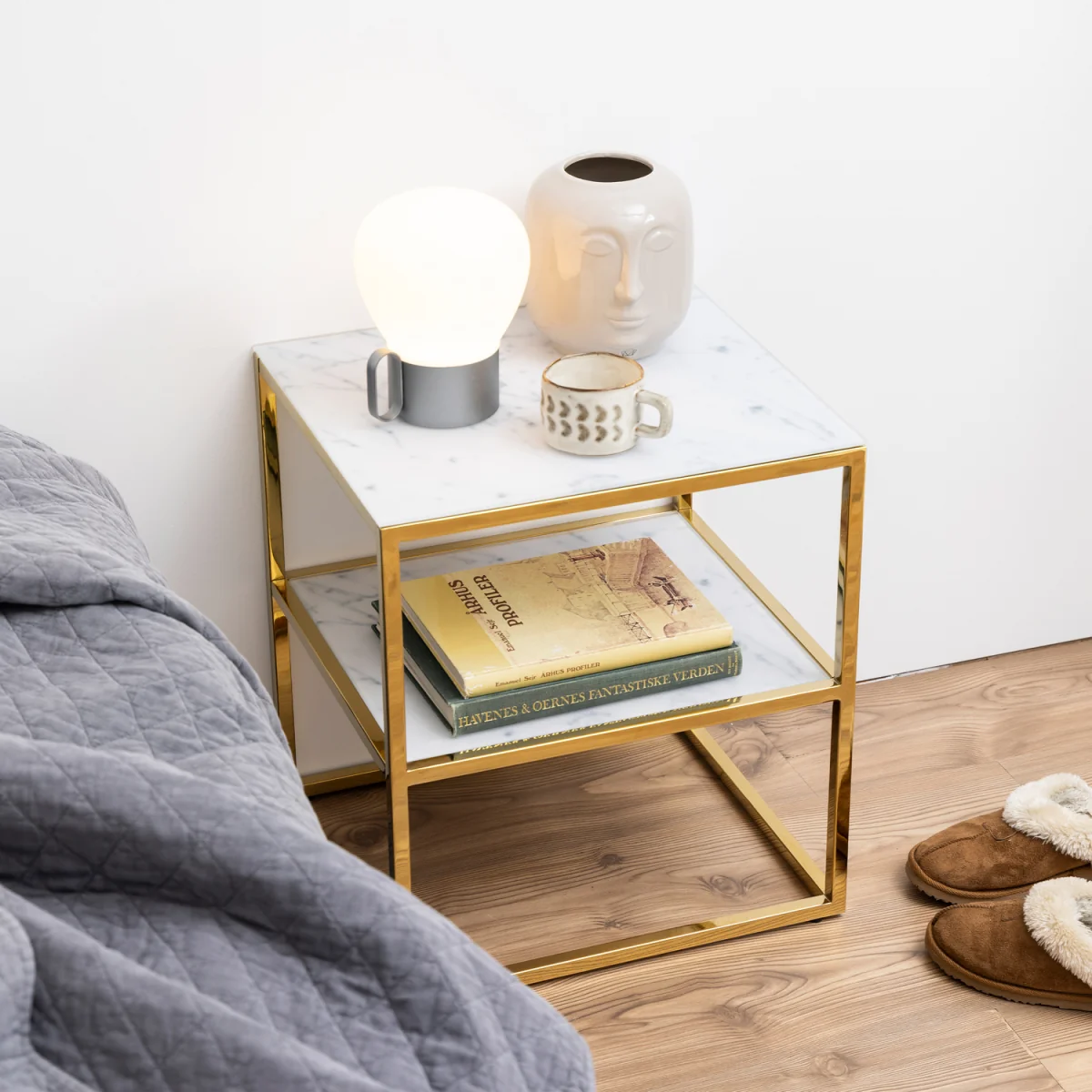 Alisma Bedside Table with White Marble Glass & Gold Base - White Marble & Gold – image 2