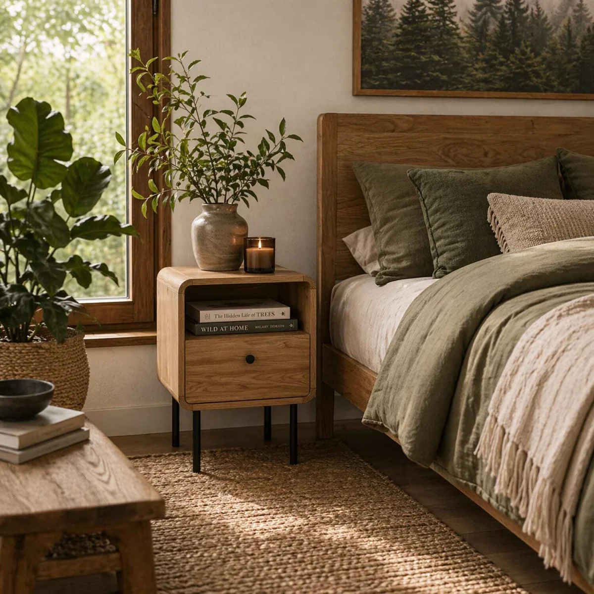Move Lalo Oak Finish Bedside Table with Drawer and Open Shelf – image 2