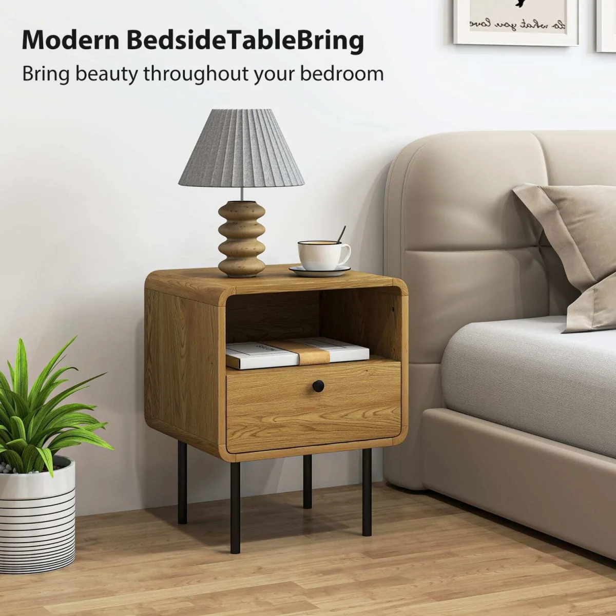 Move Lalo Oak Finish Bedside Table with Drawer and Open Shelf – image 3