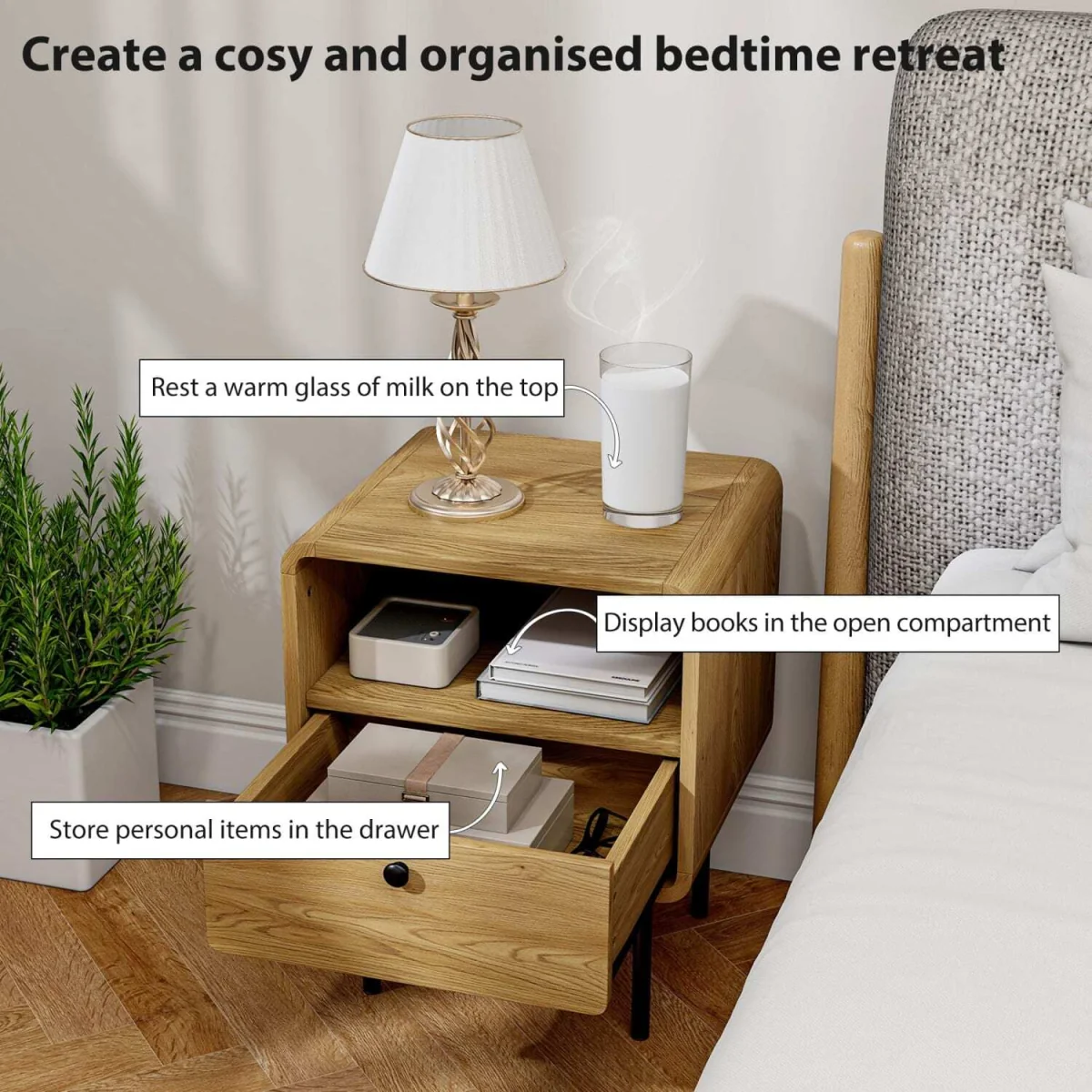 Move Lalo Oak Finish Bedside Table with Drawer and Open Shelf – image 5