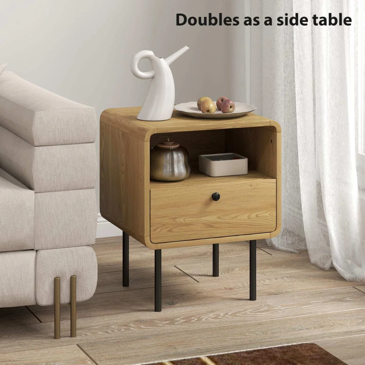 Move Lalo Oak Finish Bedside Table with Drawer and Open Shelf – image 6
