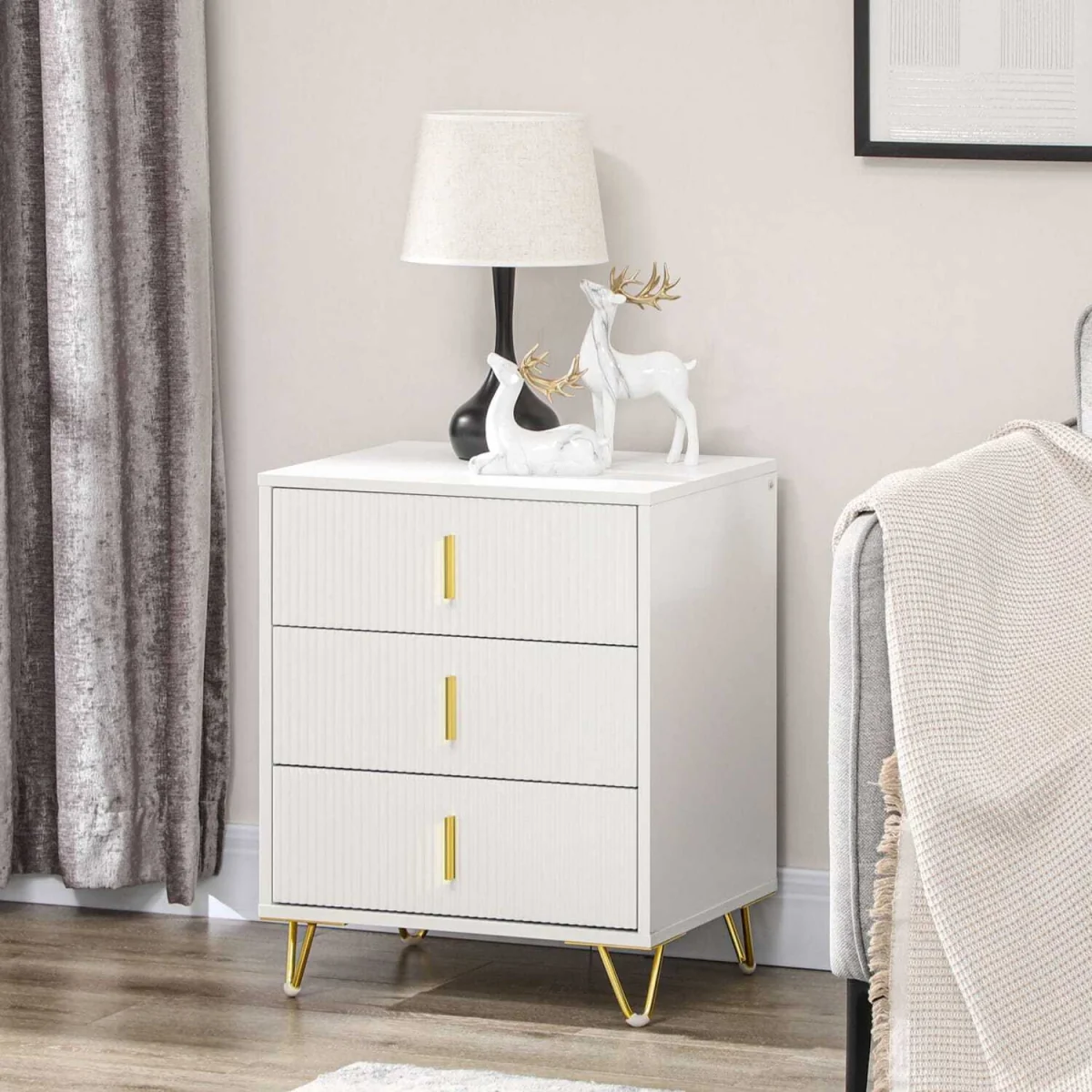Renina Set Of 2 Wooden White and Gold Tone 3 Drawer Bedside Tables – image 2
