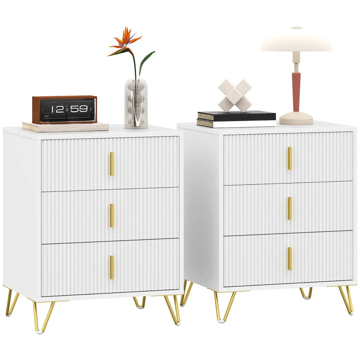 Renina Set Of 2 Wooden White and Gold Tone 3 Drawer Bedside Tables – image 3