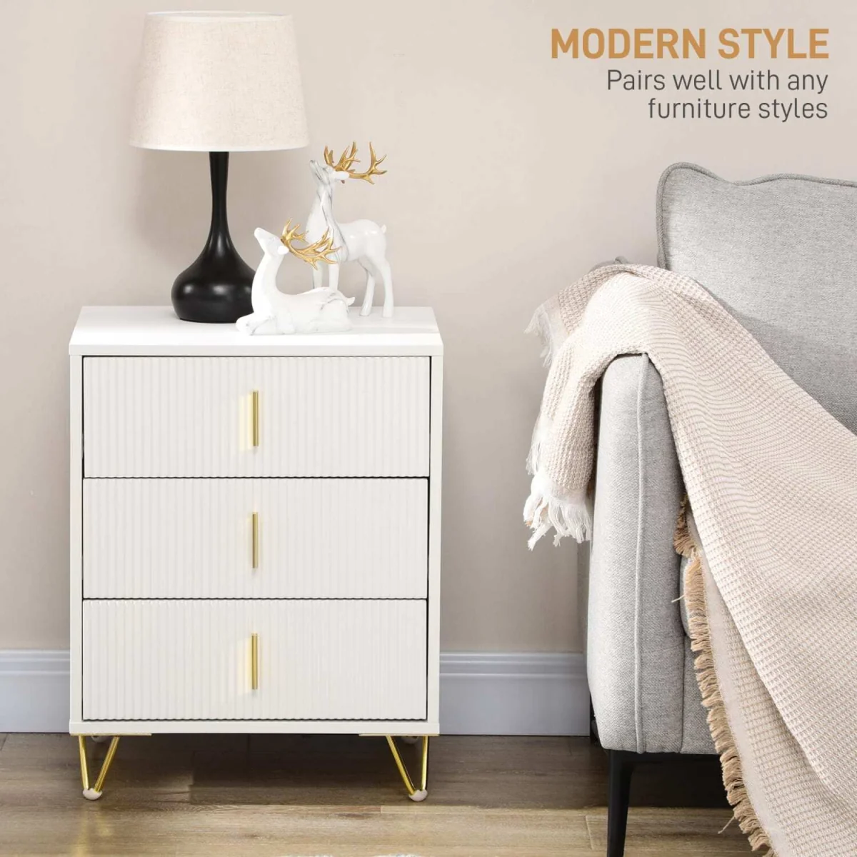 Renina Set Of 2 Wooden White and Gold Tone 3 Drawer Bedside Tables – image 6