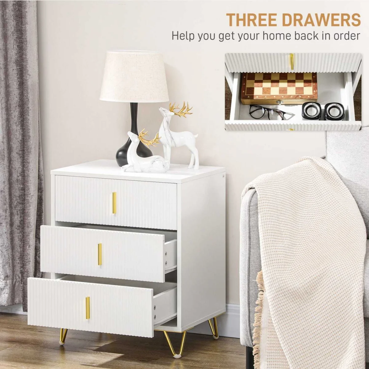 Renina Set Of 2 Wooden White and Gold Tone 3 Drawer Bedside Tables – image 7