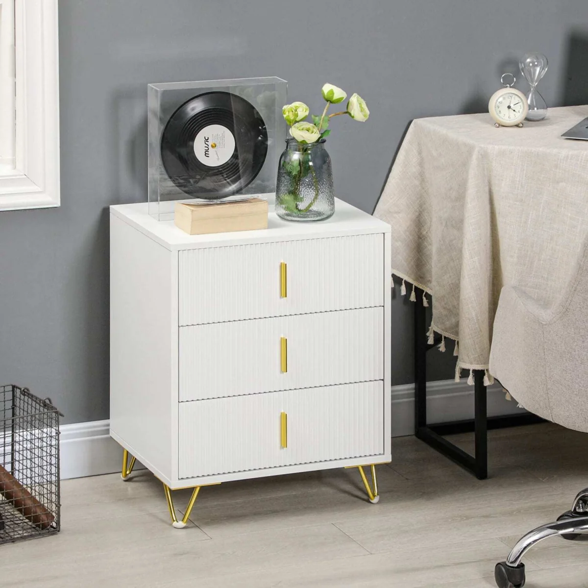Renina Set Of 2 Wooden White and Gold Tone 3 Drawer Bedside Tables – image 9