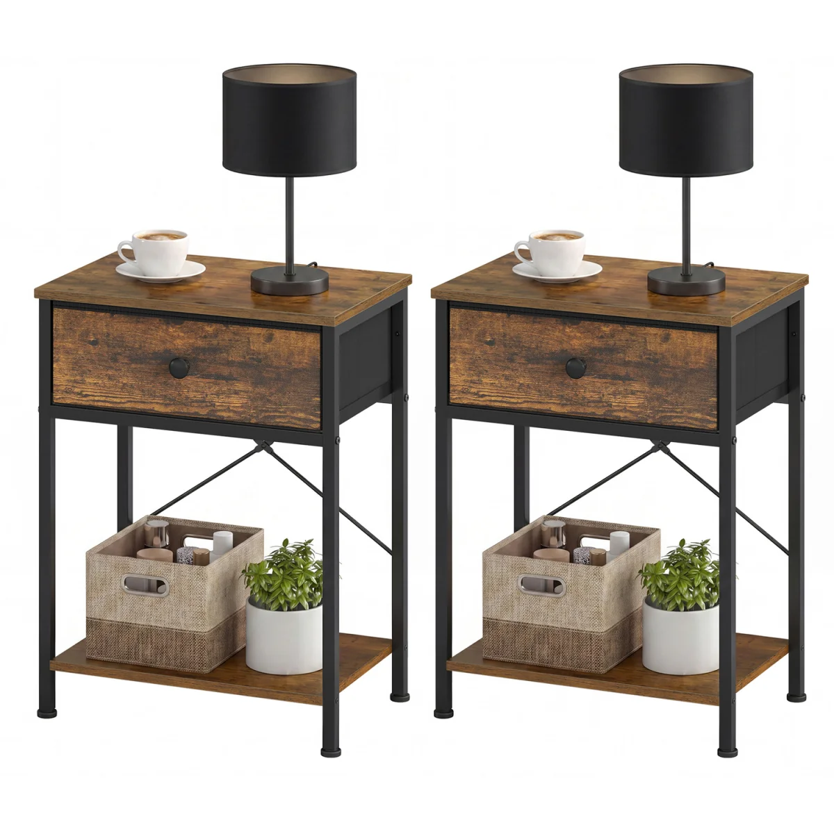Set of 2 Bedside Tables with Drawer, Nightstands with Shelf, Brown - Brown – image 3