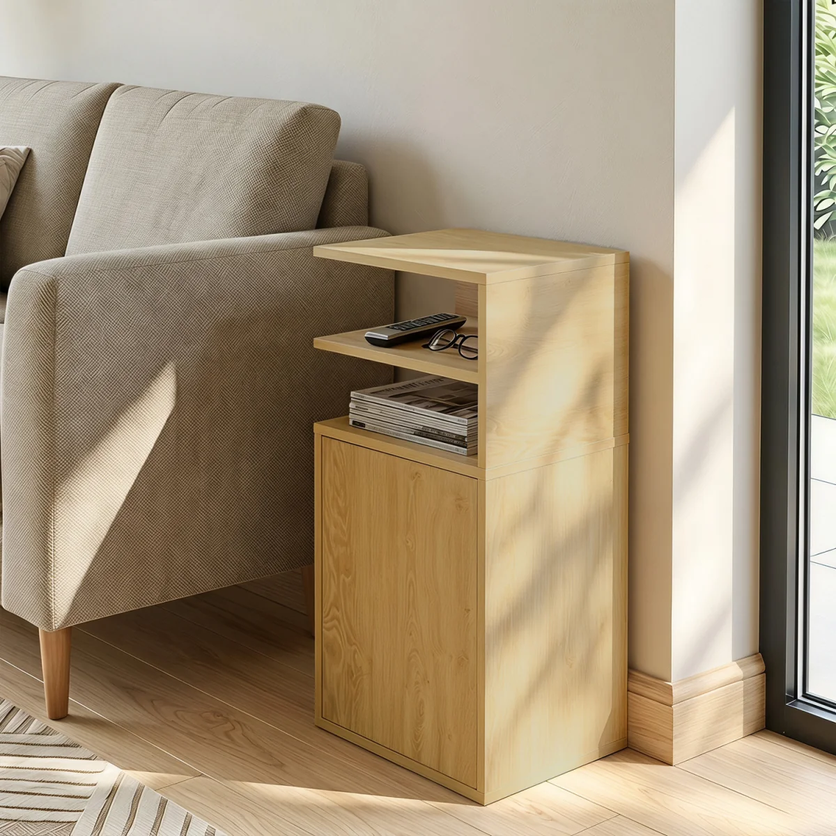 HOMCOM Slim Bedside Table Set of 2 with Open Cubbies and Cupboard - Oak – image 2