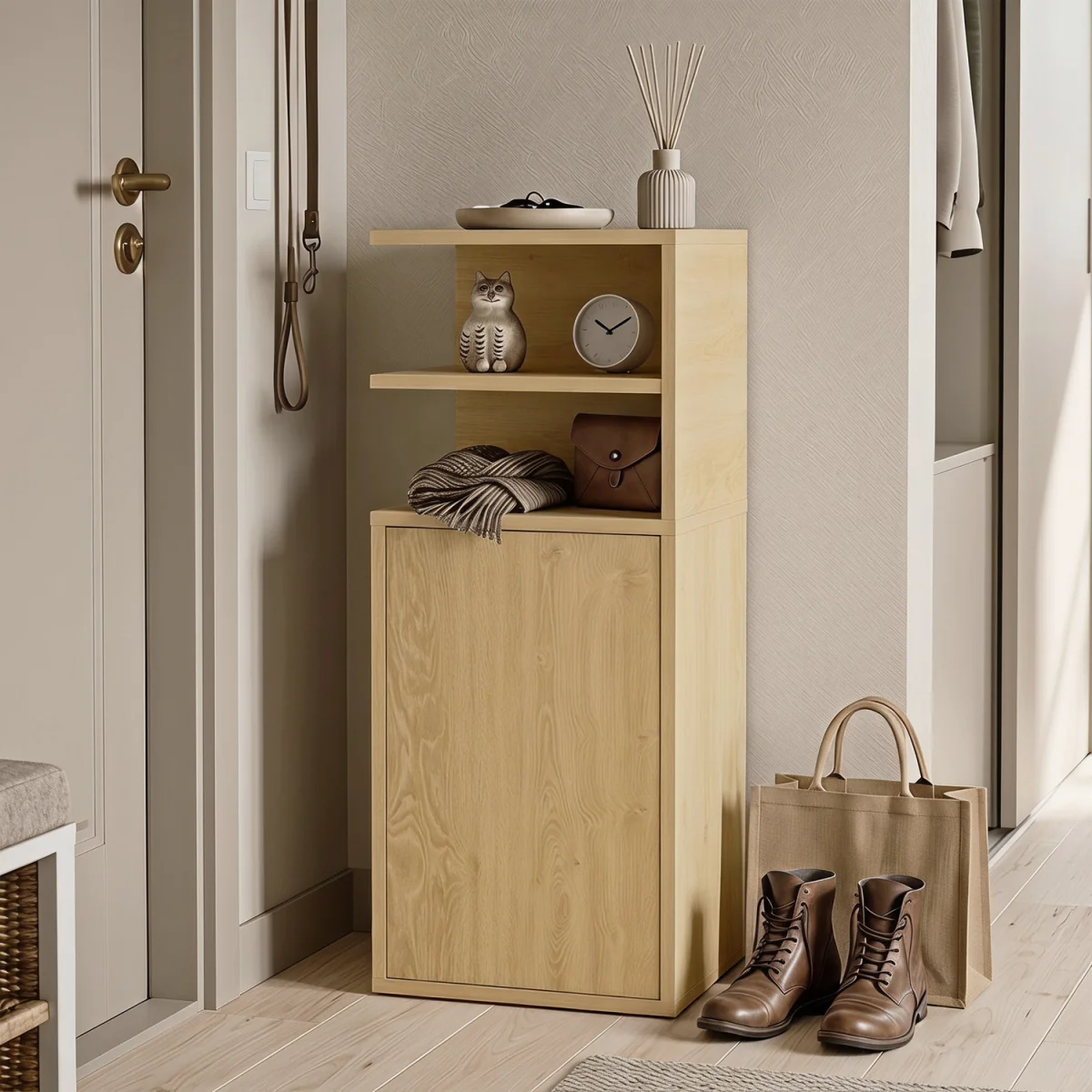 HOMCOM Slim Bedside Table Set of 2 with Open Cubbies and Cupboard - Oak – image 3