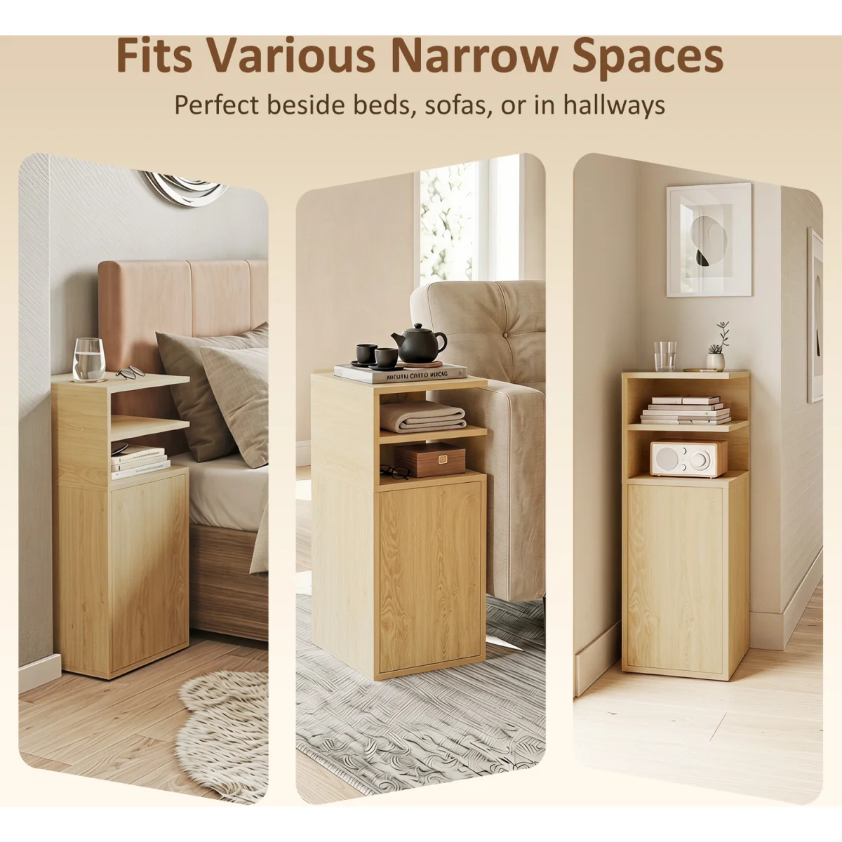 HOMCOM Slim Bedside Table Set of 2 with Open Cubbies and Cupboard - Oak – image 4