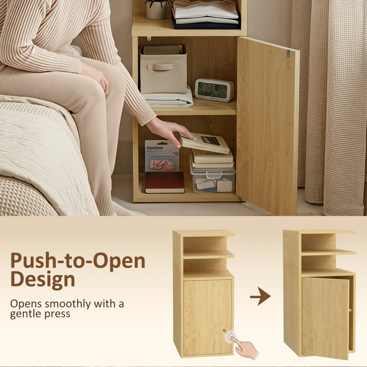 HOMCOM Slim Bedside Table Set of 2 with Open Cubbies and Cupboard - Oak – image 5